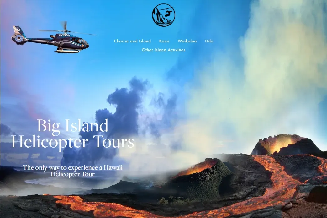 Big Island Helicopter Tours homepage: the site title over a photo of an erupting volcano and lava flows, with a helicopter in the sky and navigation for Kona, Waikoloa, and Hilo.