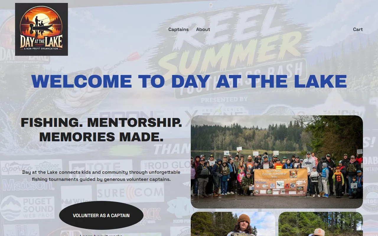 Day at the Lake homepage: the headline 'Welcome to Day at the Lake' and 'Fishing. Mentorship. Memories made.' beside a group photo of young anglers and volunteer captains, with a Volunteer as a Captain button.