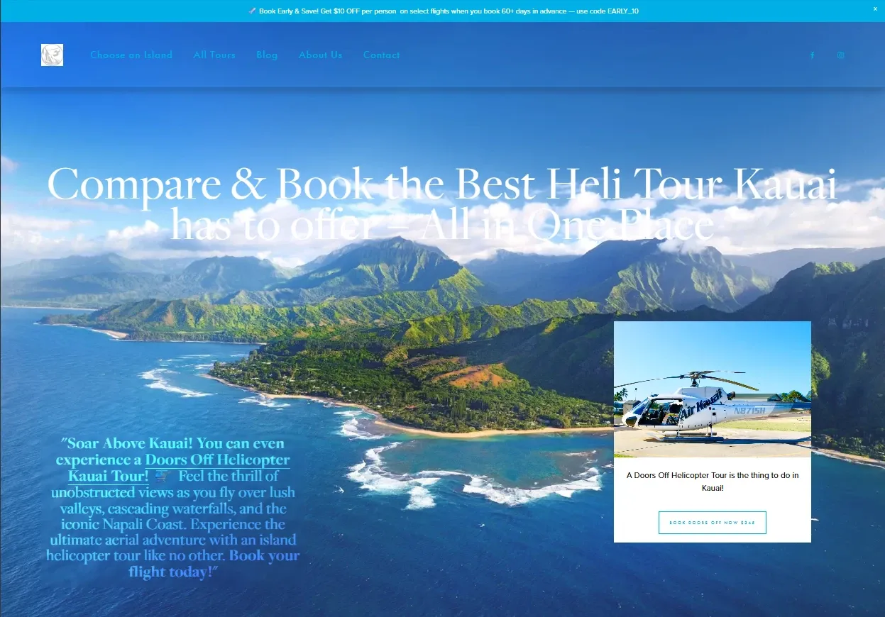 Kauai helicopter tours homepage: the headline 'Compare & Book the Best Heli Tour Kauai has to offer – All in One Place' over an aerial photo of the Kauai coastline, with a featured doors-off tour card.
