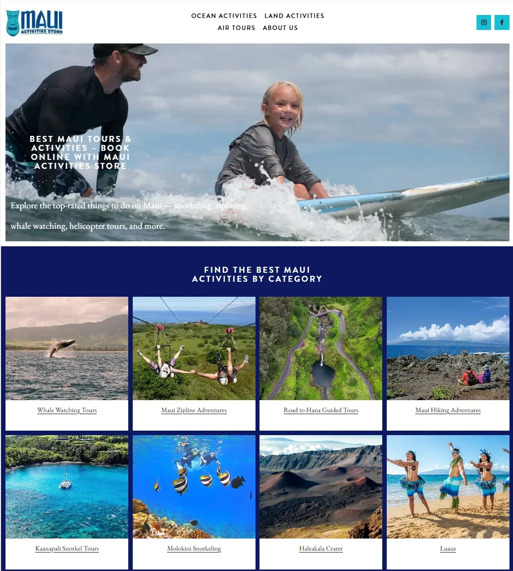 Maui Activities Store homepage: a surfing photo with the headline 'Best Maui Tours & Activities – Book Online', above a grid of activity categories including whale watching, ziplines, Road to Hana tours, and luaus.